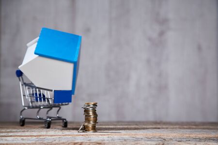 Buying property. Real estate investment. Mortgage acquisition house. Small home in shop trolley and...
