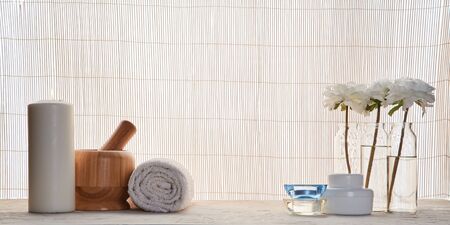 Wooden mortar and towel. Body wrapping. Soft cream and aromatic oils. Candleholder. Copy space....