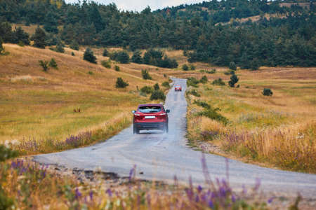 Cars riding on smooth road. Nature landscape and green forest. New adventure and travel. New way and future conceptの写真素材