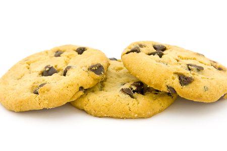 Chocolate chip cookies on a white surfaceの写真素材