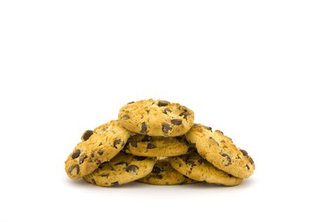 Chocolate chip cookies on a white surfaceの写真素材