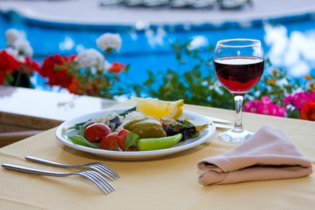 Dining by the poolの写真素材