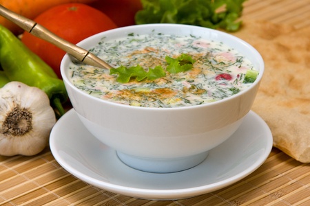 Close-up of russian cold vegetable soup on yogurt (sour-milk) base - okroshkaの写真素材