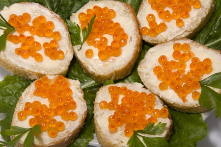 Red caviar sandwiches on white plate .の写真素材