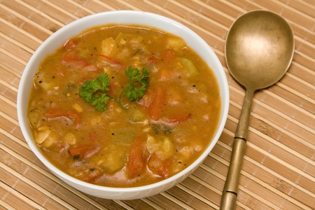 Vegetable soup on white plateの写真素材