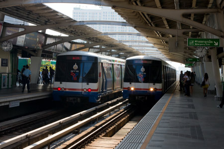 BANGKOK - OCT 25: BTS Skytrain on elevated rails above Sukhumvit Road on Oct 25, 2011 in Bangkok,...
