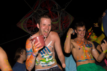 PHANGAN - JANUARY 08 : There are about 10,000 people every month at this Phangan beach Full moon party, on January 08, 2012 in Koh Phangan , Thailand .のeditorial素材