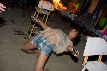 PHANGAN - JANUARY 08 : There are about 10,000 people every month at this Phangan beach Full moon party, on January 08, 2012 in Koh Phangan , Thailand . Fire dancer on a beach - blurのeditorial素材