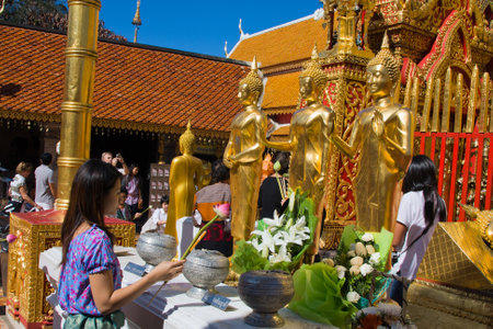 CHIANG MAI, THAILAND - NOVEMBER 11:Thai people are praying for a religious ceremony in the Doi Suthep temple during the Loy Krathong festival in Chiang Mai, Thailand on November 11, 2011のeditorial素材