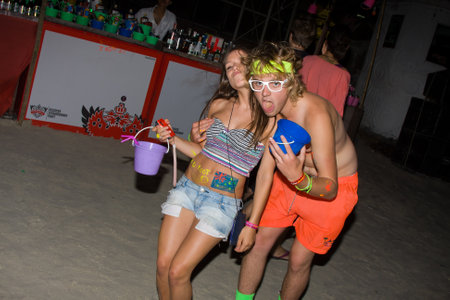 PHANGAN - DECEMBER 10 : There are about 10,000 people every month at this Phangan beach Full moon party, on December 10, 2011 in Koh Phangan , Thailand .のeditorial素材