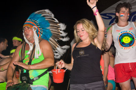 PHANGAN - DECEMBER 10 : There are about 10,000 people every month at this Phangan beach Full moon party, on December 10, 2011 in Koh Phangan , Thailand .のeditorial素材