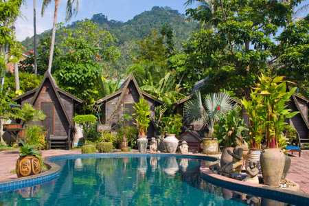 Swimming pool in tropical garden   Thailand  のeditorial素材