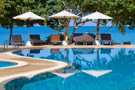 Swimming pool by the sea on island Koh Phangan,Thailandの写真素材