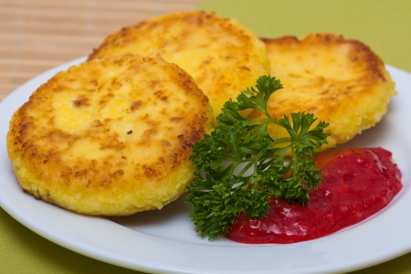 Delicious homemade cheese pancakes closeupの写真素材