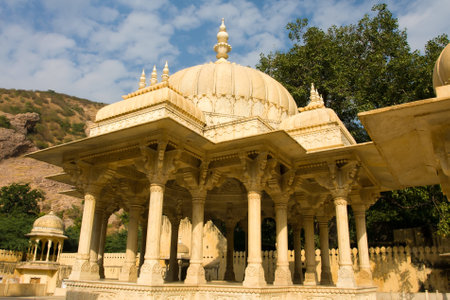 Memorial grounds to Maharaja Sawai Mansingh II and family constructed of marble. Gatore Ki Chhatriyan, Jaipur, Rajasthan, India.のeditorial素材
