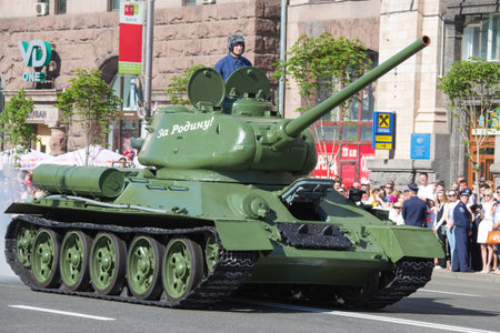 UKRAINE, KIEV - MAY 9: Ceremonial parade at Kiev main street - Khreschatyk - dedicated to the 68th Anniversary of victory in Great Patriotic War (World War II). Parade of victory on May 9, 2013 in Kiev, Ukraine.のeditorial素材