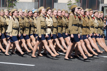 UKRAINE, KIEV - MAY 9: Ceremonial parade at Kiev main street - Khreschatyk - dedicated to the 68th Anniversary of victory in Great Patriotic War (World War II). Parade of victory on May 9, 2013 in Kiev, Ukraine.のeditorial素材