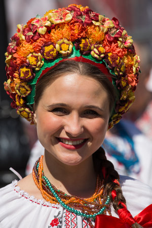 UKRAINE, KIEV - MAY 9: Ceremonial parade at Kiev main street - Khreschatyk - dedicated to the 68th Anniversary of victory in Great Patriotic War (World War II). Parade of victory on May 9, 2013 in Kiev, Ukraine. Unidentified ukrainian girl takes part in tのeditorial素材