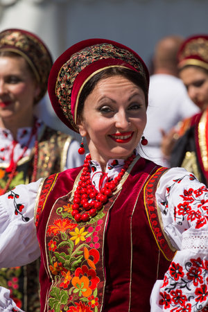 UKRAINE, KIEV - MAY 9: Ceremonial parade at Kiev main street - Khreschatyk - dedicated to the 68th Anniversary of victory in Great Patriotic War (World War II). Parade of victory on May 9, 2013 in Kiev, Ukraine. Unidentified ukrainian girl takes part in tのeditorial素材