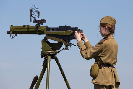 KIEV, UKRAINE - MAY 11 : Member of Red Star history club wear historical Soviet uniform during historical reenactment of WWII on May 11, 20113 in Kiev, Ukraineのeditorial素材