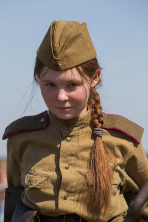 KIEV, UKRAINE - MAY 11 : Member of Red Star history club wear historical Soviet uniform during...