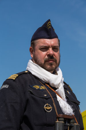 KIEV, UKRAINE -MAY 11: Member of Red Star history club wears historical French Air Force uniform during historical reenactment of WWII, May 11, 2013 in Kiev, Ukraineのeditorial素材