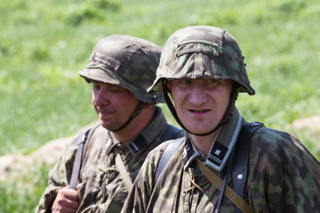 KIEV, UKRAINE -MAY 11: Members of Red Star history club wears historical German uniform during...