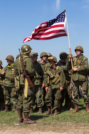 KIEV, UKRAINE -MAY 11: Members of Red Star history club wear historical American uniforms during...