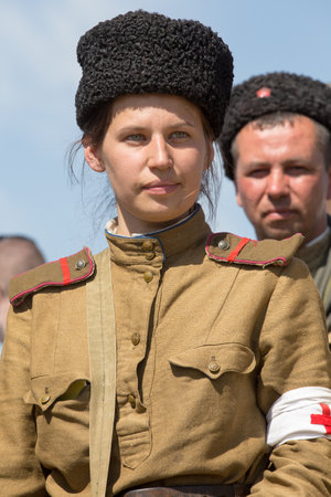 KIEV, UKRAINE - MAY 11 : Members of Red Star history club wear historical Soviet uniform during...