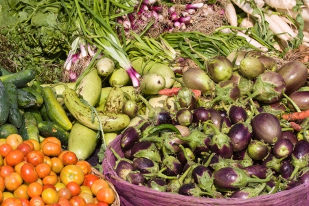 Many different ecological vegetables on market in Indiaの写真素材