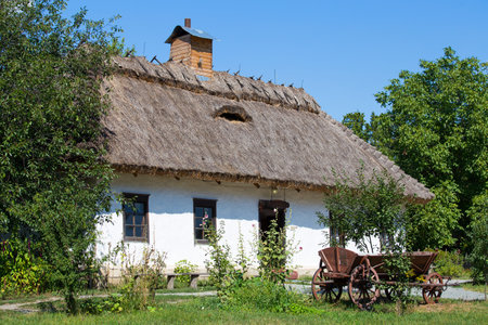 Wooden houses taken in park in summer in Pirogovo museum, Kiev, Ukraineのeditorial素材