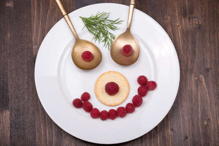 Fun food for kids - face on a plate of raspberriesの写真素材