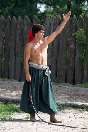 KHORTYTSYA, UKRAINE - JUNE 22  Cossack festival at the Zaporozhye Sech at June 22, 2013 in island...