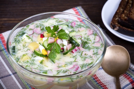 Close-up of russian cold vegetable soup on yogurt (sour-milk) base - okroshkaの写真素材