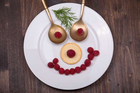 Fun food for kids - face on a plate of raspberriesの写真素材
