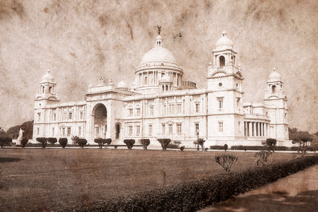 Landmark building of Calcutta or Kolkata, Victoria Memorial. Artwork in retro style.のeditorial素材