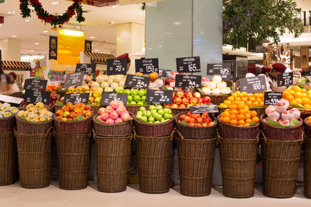 BANGKOK - NOVEMBER 19: Selection fruits in a supermarket Siam Paragon on November 19, 2013 in Bangkok, Thailand. Siam Paragon is a shopping mall in Bangkok, Thailand. It is one of the biggest shopping centres in Asia.のeditorial素材
