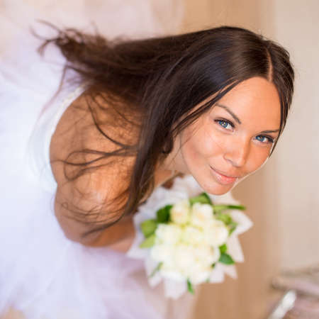 High view portrait of beautiful happy brideの写真素材