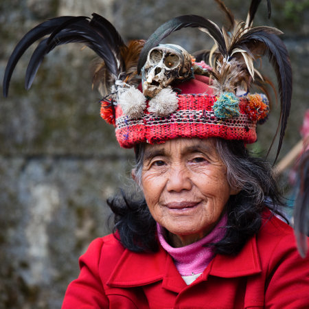BANAUE - JANUARY 24   Unknown old ifugao woman in national dress next to rice terraces on January 24, 2014 in Banaue, Philippines  Ifugao - the people in the Philippines  Refers to the mountain peoples のeditorial素材