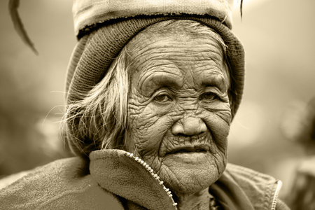 BANAUE - JANUARY 24   Unknown old ifugao woman in national dress next to rice terraces on January...