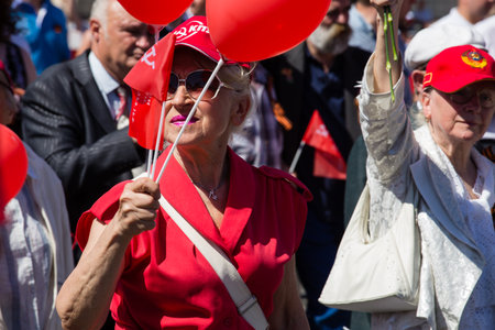 KIEV, UKRAINE - MAY 9, 2013: Ceremonial parade at Kiev main street Khreschatyk dedicated to the 68th anniversary of victory in Great Patriotic War ( World War II ). Unidentified participants.のeditorial素材