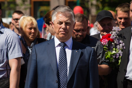 KIEV, UKRAINE - MAY 9, 2013: Ceremonial parade at Kiev main street Khreschatyk dedicated to the 68th anniversary of victory in Great Patriotic War ( World War II ). Unidentified participants.のeditorial素材