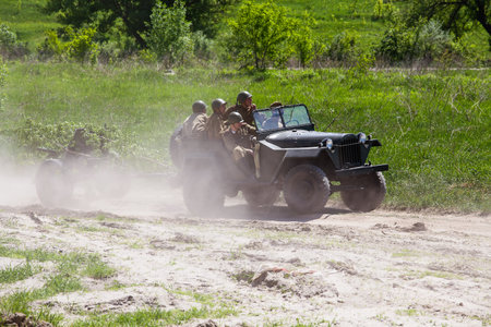 KIEV, UKRAINE - MAY 11, 2013 :Unidentified member of Red Star history club wear historical Soviet uniform during historical reenactment of WWIIのeditorial素材