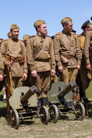 KIEV, UKRAINE - MAY 11, 2013 :Unidentified member of Red Star history club wear historical Soviet uniform during historical reenactment of WWIIのeditorial素材