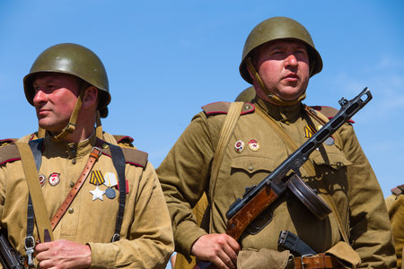 KIEV, UKRAINE - MAY 11, 2013 :Unidentified member of Red Star history club wear historical Soviet...