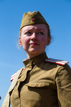 KIEV, UKRAINE - MAY 11, 2013 :Unidentified member of Red Star history club wear historical Soviet...