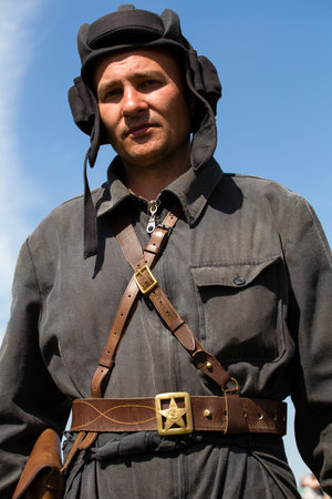 KIEV, UKRAINE - MAY 11 : Member of Red Star history club wear historical Soviet uniform during historical reenactment of WWII on May 11, 20113 in Kiev, Ukraineのeditorial素材