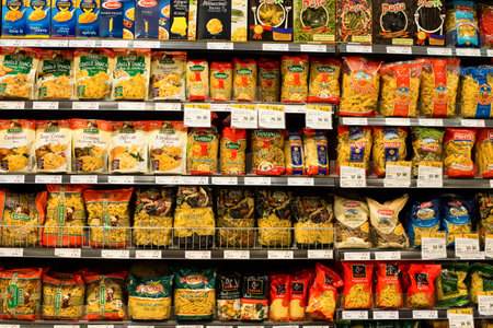  BANGKOK, THAILAND - NOVEMBER 19, 2013 : Selection of italian pasta on the shelves in a supermarket Siam Paragon, Bangkok. Siam Paragon is a one of the biggest shopping centres in Asia.のeditorial素材