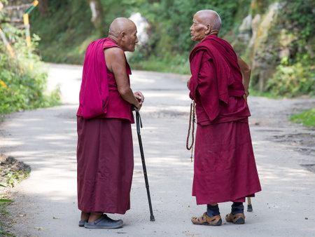 DHARAMSALA, INDIA - SEPTEMBER 20 2014: Two old unidentified Tibetan Buddhist monk in the Dharamsala near Dalai Lama's residence.のeditorial素材