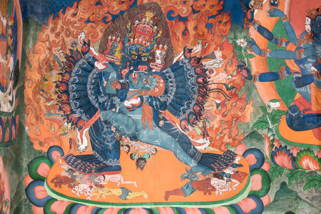 Masterpiece of traditional painting art about Buddha story on the temple wall in Tiksey Monastery. Ladakh, Indiaのeditorial素材